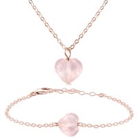 Rose Quartz Crystal Heart Jewellery Set - Rose Quartz Crystal Heart Jewellery Set - 14k Rose Gold Fill / Cable / Necklace & Bracelet - Luna Tide Handmade Crystal Jewellery