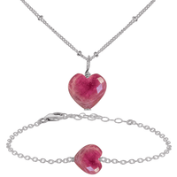 Ruby Crystal Heart Jewellery Set - Ruby Crystal Heart Jewellery Set - Stainless Steel / Satellite / Necklace & Bracelet - Luna Tide Handmade Crystal Jewellery