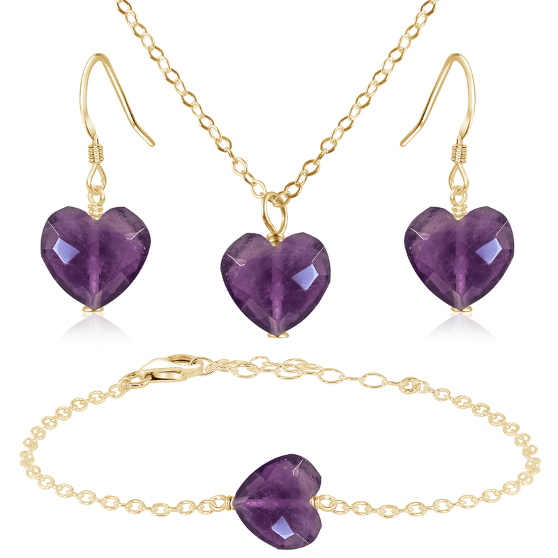 Amethyst Crystal Heart Jewellery Set - Amethyst Crystal Heart Jewellery Set - 14k Gold Fill / Cable / Necklace & Earrings & Bracelet - Luna Tide Handmade Crystal Jewellery