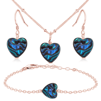Abalone Shell Heart Jewellery Set - Abalone Shell Heart Jewellery Set - 14k Rose Gold Fill / Satellite / Necklace & Earrings & Bracelet - Luna Tide Handmade Crystal Jewellery