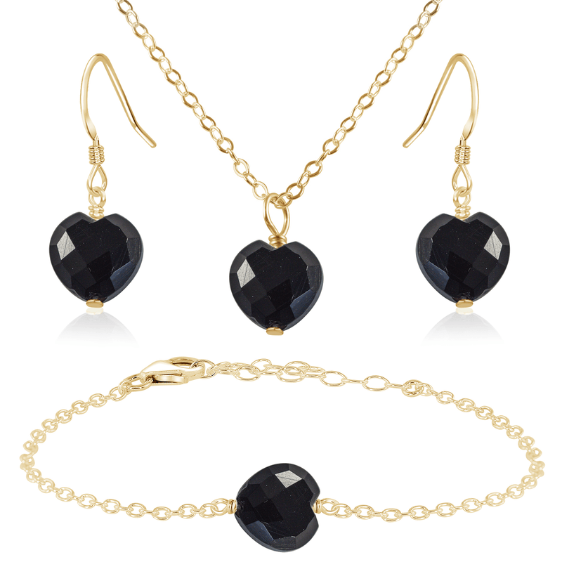 Black Onyx Crystal Heart Jewellery Set - Black Onyx Crystal Heart Jewellery Set - 14k Gold Fill / Cable / Necklace & Earrings & Bracelet - Luna Tide Handmade Crystal Jewellery