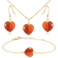 Carnelian Crystal Heart Jewellery Set - Carnelian Crystal Heart Jewellery Set - 14k Gold Fill / Satellite / Necklace & Earrings & Bracelet - Luna Tide Handmade Crystal Jewellery