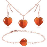 Carnelian Crystal Heart Jewellery Set - Carnelian Crystal Heart Jewellery Set - 14k Rose Gold Fill / Satellite / Necklace & Earrings & Bracelet - Luna Tide Handmade Crystal Jewellery
