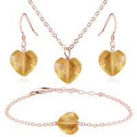 Citrine Crystal Heart Jewellery Set - Citrine Crystal Heart Jewellery Set - 14k Rose Gold Fill / Cable / Necklace & Earrings & Bracelet - Luna Tide Handmade Crystal Jewellery
