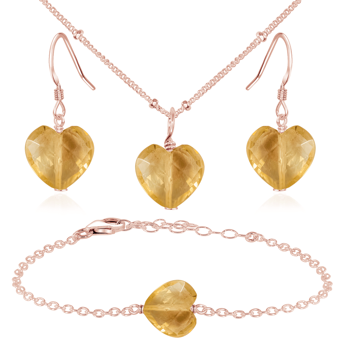 Citrine Crystal Heart Jewellery Set - Citrine Crystal Heart Jewellery Set - 14k Rose Gold Fill / Satellite / Necklace & Earrings & Bracelet - Luna Tide Handmade Crystal Jewellery