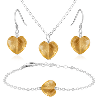 Citrine Crystal Heart Jewellery Set - Citrine Crystal Heart Jewellery Set - Sterling Silver / Cable / Necklace & Earrings & Bracelet - Luna Tide Handmade Crystal Jewellery