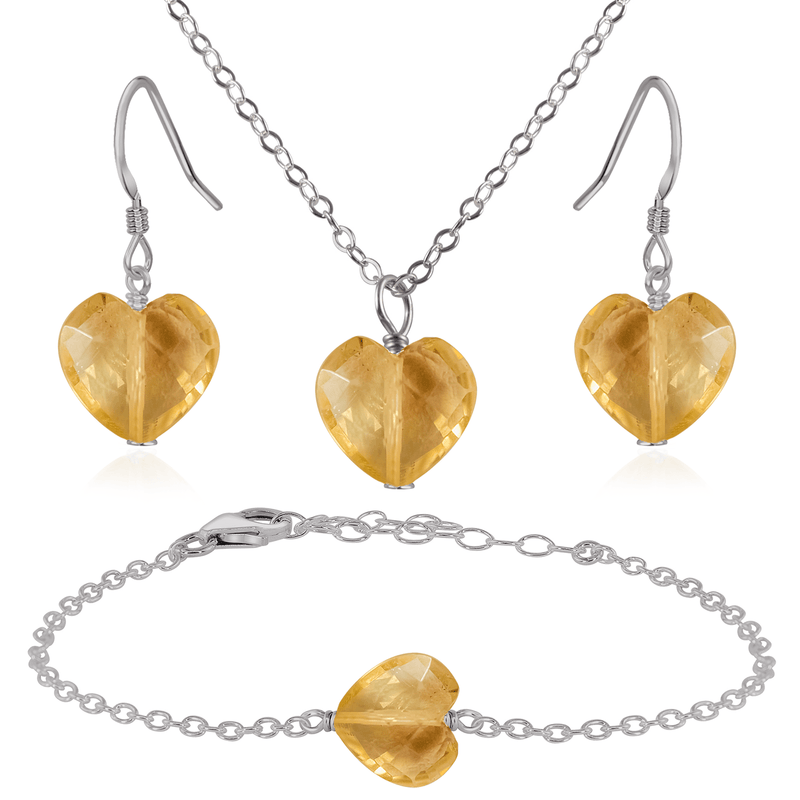 Citrine Crystal Heart Jewellery Set - Citrine Crystal Heart Jewellery Set - Stainless Steel / Cable / Necklace & Earrings & Bracelet - Luna Tide Handmade Crystal Jewellery