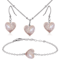 Freshwater Pearl Heart Jewellery Set - Freshwater Pearl Heart Jewellery Set - Stainless Steel / Satellite / Necklace & Earrings & Bracelet - Luna Tide Handmade Crystal Jewellery