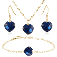 Lapis Lazuli Crystal Heart Jewellery Set - Lapis Lazuli Crystal Heart Jewellery Set - 14k Gold Fill / Cable / Necklace & Earrings & Bracelet - Luna Tide Handmade Crystal Jewellery