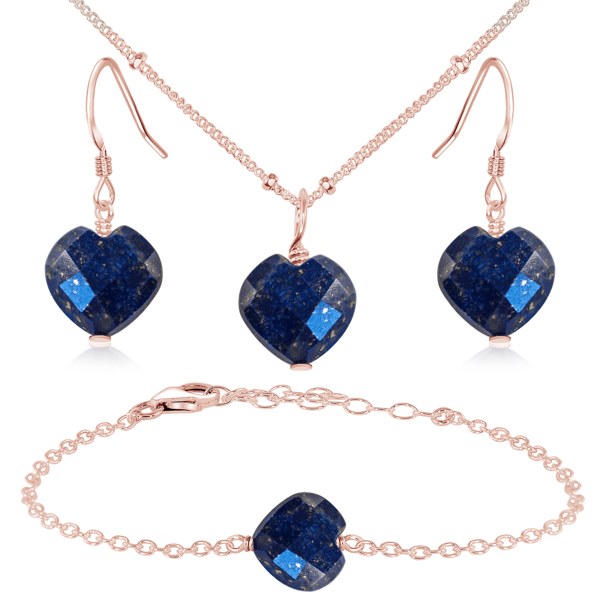 Lapis Lazuli Crystal Heart Jewellery Set - Lapis Lazuli Crystal Heart Jewellery Set - 14k Rose Gold Fill / Satellite / Necklace & Earrings & Bracelet - Luna Tide Handmade Crystal Jewellery