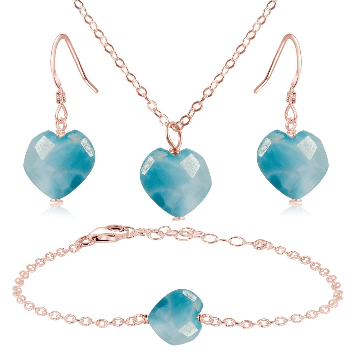 Larimar Crystal Heart Jewellery Set - Larimar Crystal Heart Jewellery Set - 14k Rose Gold Fill / Cable / Necklace & Earrings & Bracelet - Luna Tide Handmade Crystal Jewellery