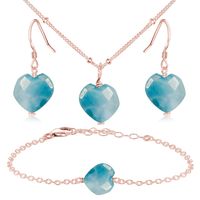 Larimar Crystal Heart Jewellery Set - Larimar Crystal Heart Jewellery Set - 14k Rose Gold Fill / Satellite / Necklace & Earrings & Bracelet - Luna Tide Handmade Crystal Jewellery