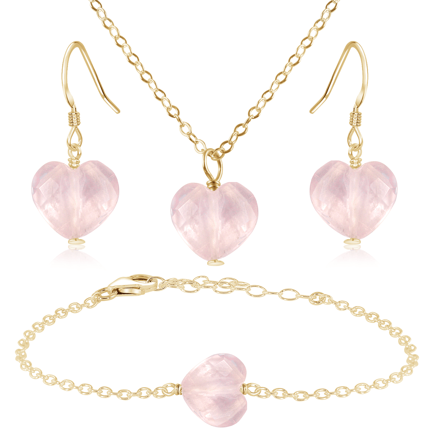 Rose Quartz Crystal Heart Jewellery Set - Rose Quartz Crystal Heart Jewellery Set - 14k Gold Fill / Cable / Necklace & Earrings & Bracelet - Luna Tide Handmade Crystal Jewellery