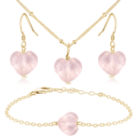 Rose Quartz Crystal Heart Jewellery Set - Rose Quartz Crystal Heart Jewellery Set - 14k Gold Fill / Satellite / Necklace & Earrings & Bracelet - Luna Tide Handmade Crystal Jewellery
