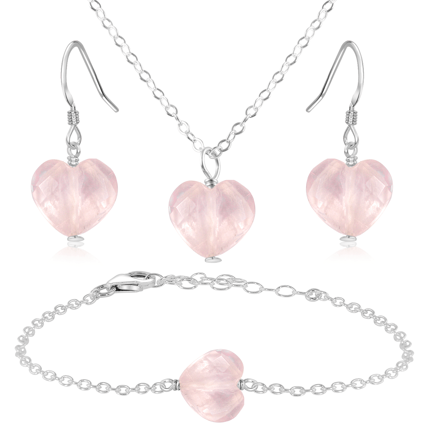 Rose Quartz Crystal Heart Jewellery Set - Rose Quartz Crystal Heart Jewellery Set - Sterling Silver / Cable / Necklace & Earrings & Bracelet - Luna Tide Handmade Crystal Jewellery
