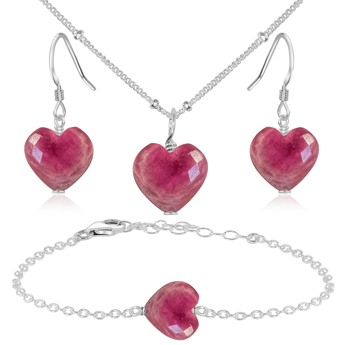 Ruby Crystal Heart Jewellery Set - Ruby Crystal Heart Jewellery Set - Sterling Silver / Satellite / Necklace & Earrings & Bracelet - Luna Tide Handmade Crystal Jewellery