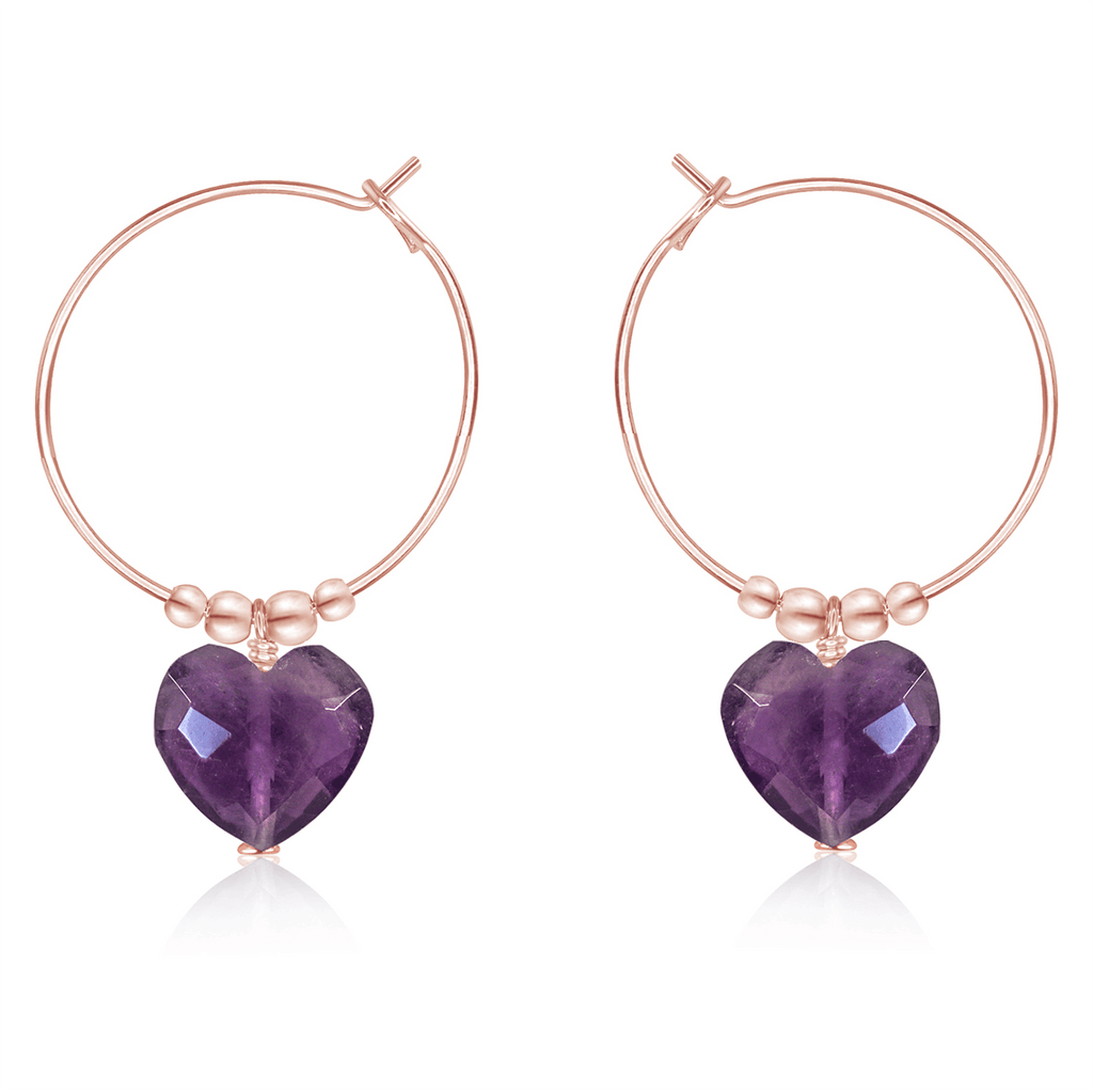 Amethyst Crystal Heart Dangle Hoop Earrings - Amethyst Crystal Heart Dangle Hoop Earrings - 14k Rose Gold Fill - Luna Tide Handmade Crystal Jewellery