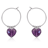 Amethyst Crystal Heart Dangle Hoop Earrings - Amethyst Crystal Heart Dangle Hoop Earrings - Stainless Steel - Luna Tide Handmade Crystal Jewellery