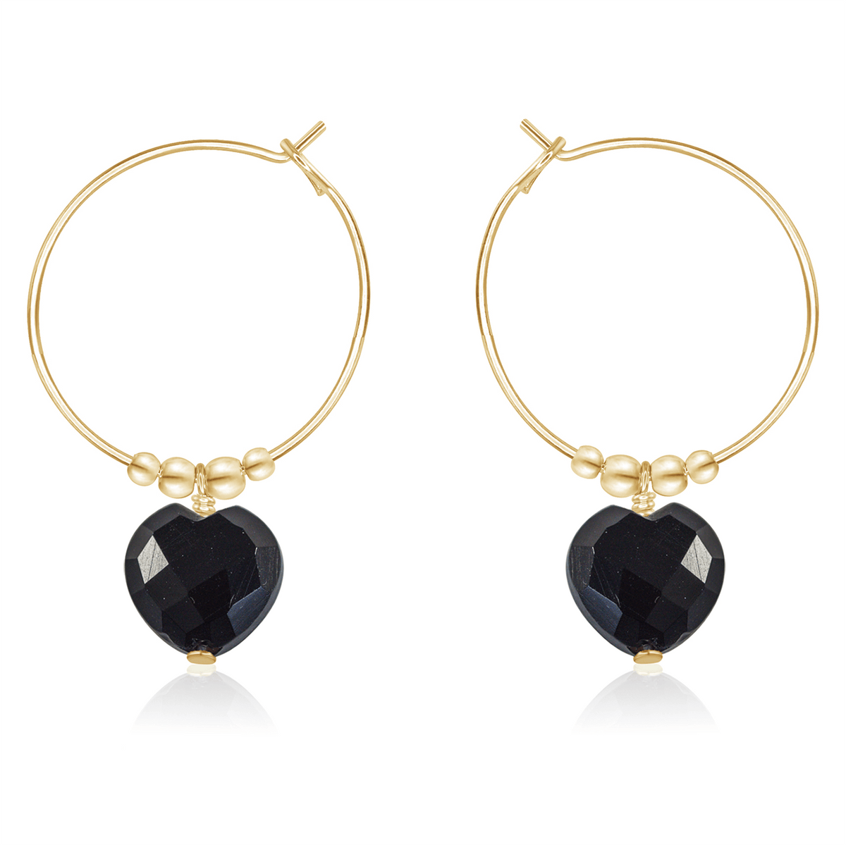 Black Onyx Crystal Heart Dangle Hoop Earrings - Black Onyx Crystal Heart Dangle Hoop Earrings - 14k Gold Fill - Luna Tide Handmade Crystal Jewellery