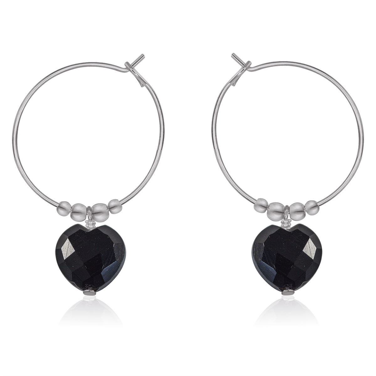 Black Onyx Crystal Heart Dangle Hoop Earrings - Black Onyx Crystal Heart Dangle Hoop Earrings - Stainless Steel - Luna Tide Handmade Crystal Jewellery