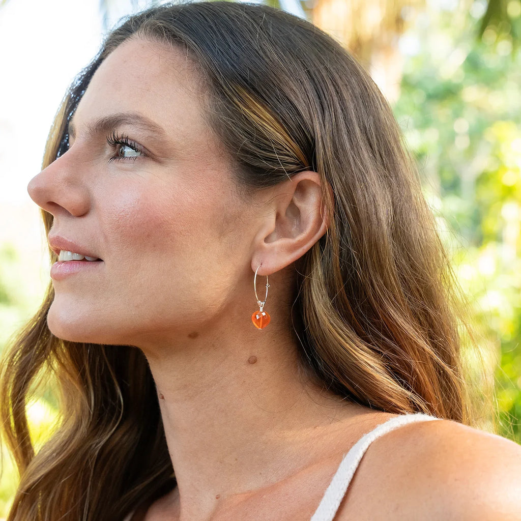 Carnelian Crystal Heart Dangle Hoop Earrings