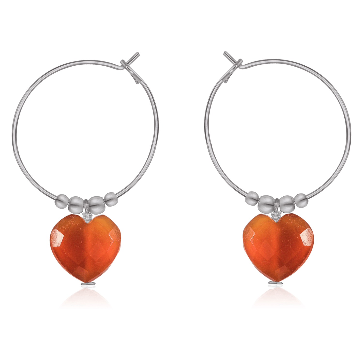 Carnelian Crystal Heart Dangle Hoop Earrings - Carnelian Crystal Heart Dangle Hoop Earrings - Sterling Silver - Luna Tide Handmade Crystal Jewellery