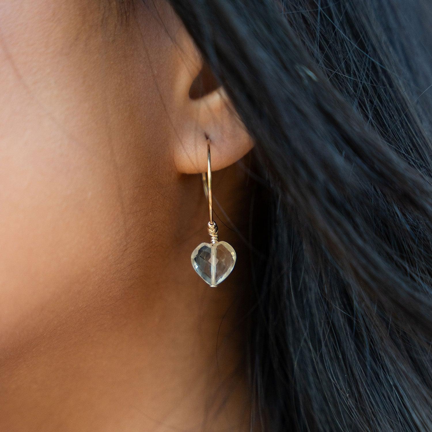 Custom Crystal Heart Dangle Hoop Earrings - Custom Crystal Heart Dangle Hoop Earrings - Sterling Silver / 15mm - Luna Tide Handmade Crystal Jewellery