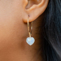 Rainbow Moonstone Crystal Heart Dangle Hoop Earrings - Rainbow Moonstone Crystal Heart Dangle Hoop Earrings - 14k Gold Fill - Luna Tide Handmade Crystal Jewellery