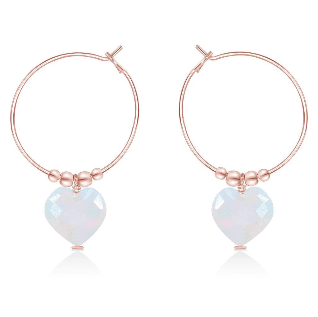 Rainbow Moonstone Crystal Heart Dangle Hoop Earrings - Rainbow Moonstone Crystal Heart Dangle Hoop Earrings - 14k Rose Gold Fill - Luna Tide Handmade Crystal Jewellery