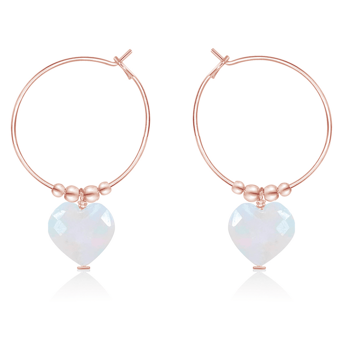 Rainbow Moonstone Crystal Heart Dangle Hoop Earrings - Rainbow Moonstone Crystal Heart Dangle Hoop Earrings - 14k Rose Gold Fill - Luna Tide Handmade Crystal Jewellery