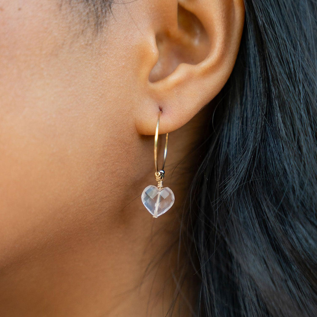 Rose Quartz Crystal Heart Dangle Hoop Earrings - Rose Quartz Crystal Heart Dangle Hoop Earrings - 14k Gold Fill - Luna Tide Handmade Crystal Jewellery