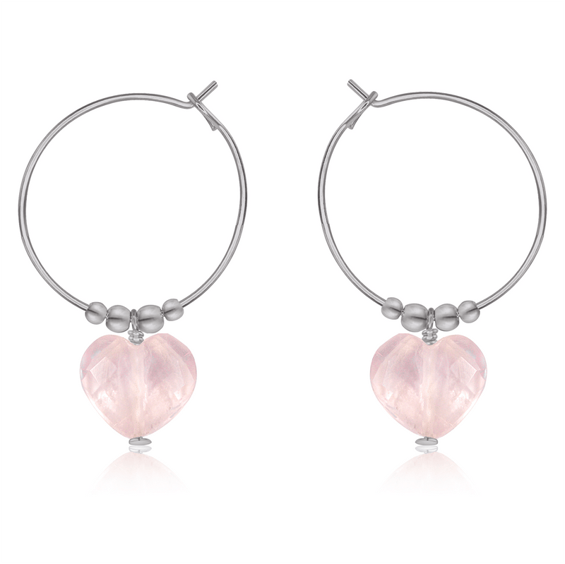 Rose Quartz Crystal Heart Dangle Hoop Earrings - Rose Quartz Crystal Heart Dangle Hoop Earrings - Stainless Steel - Luna Tide Handmade Crystal Jewellery