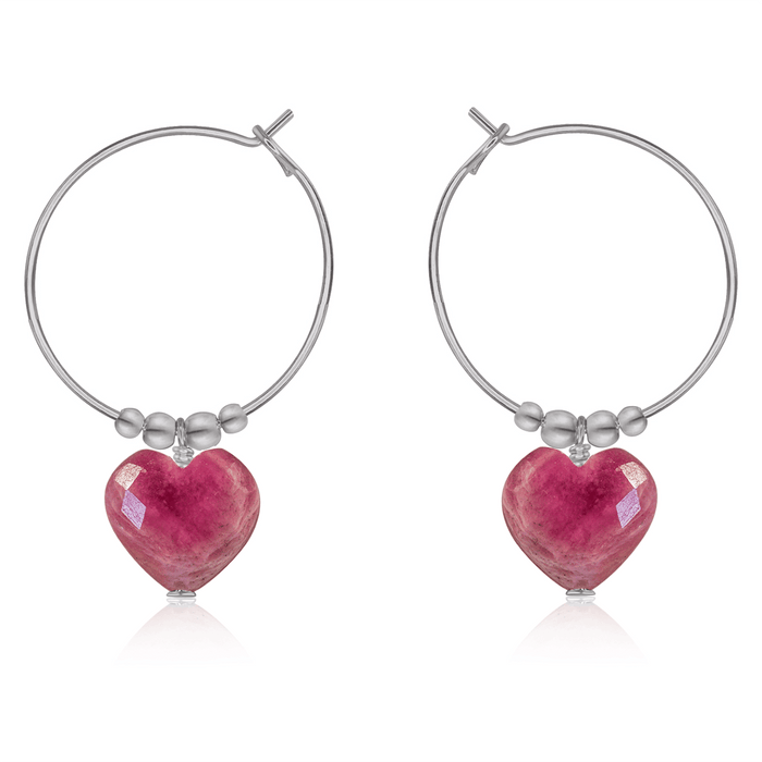 Ruby Crystal Heart Dangle Hoop Earrings - Ruby Crystal Heart Dangle Hoop Earrings - Stainless Steel - Luna Tide Handmade Crystal Jewellery