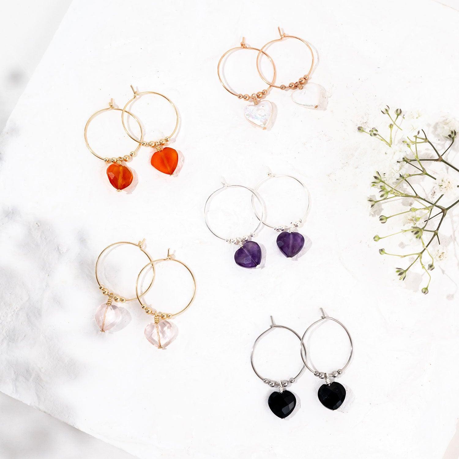 Custom Crystal Heart Dangle Hoop Earrings - Custom Crystal Heart Dangle Hoop Earrings - Sterling Silver / 15mm - Luna Tide Handmade Crystal Jewellery