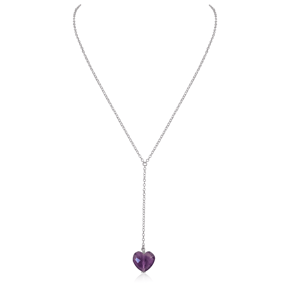 Amethyst Crystal Heart Lariat Necklace - Amethyst Crystal Heart Lariat Necklace - Stainless Steel - Luna Tide Handmade Crystal Jewellery