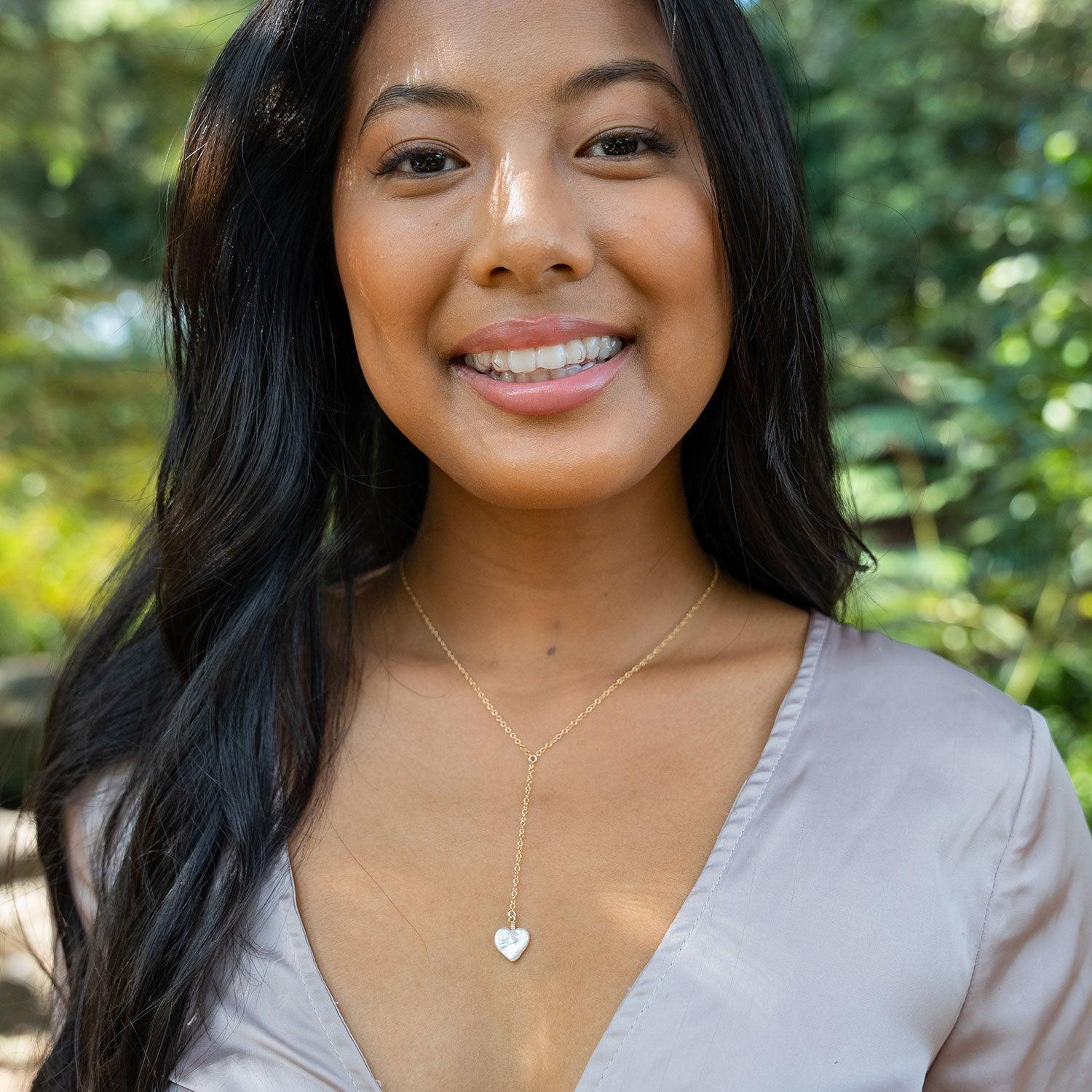 Freshwater Pearl Heart Lariat Necklace - Freshwater Pearl Heart Lariat Necklace - 14k Gold Fill - Luna Tide Handmade Crystal Jewellery