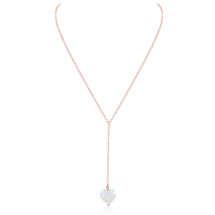 Rainbow Moonstone Crystal Heart Lariat Necklace - Rainbow Moonstone Crystal Heart Lariat Necklace - 14k Rose Gold Fill - Luna Tide Handmade Crystal Jewellery