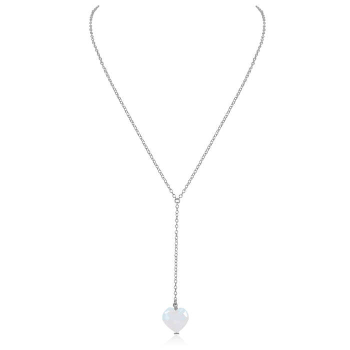 Rainbow Moonstone Crystal Heart Lariat Necklace - Rainbow Moonstone Crystal Heart Lariat Necklace - Stainless Steel - Luna Tide Handmade Crystal Jewellery