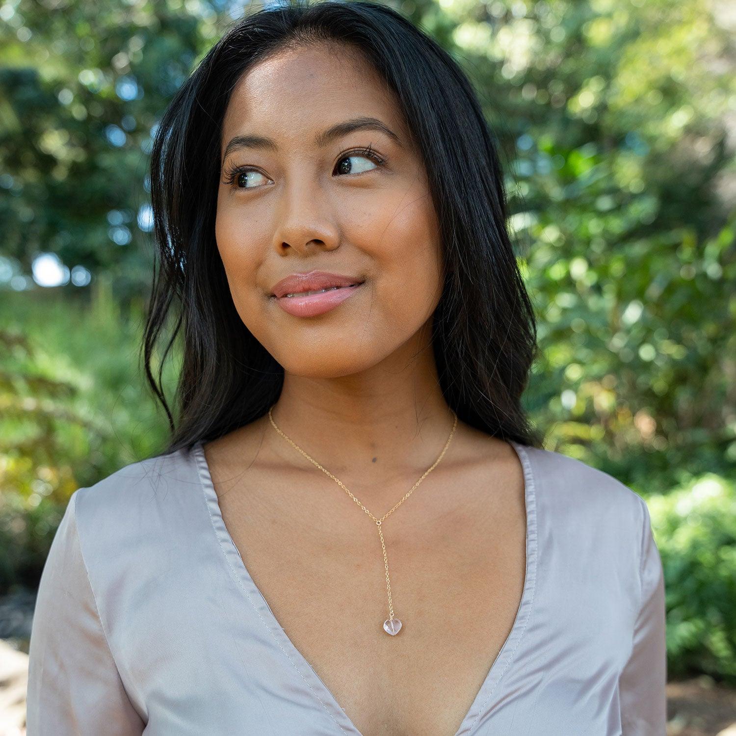 Rose Quartz Crystal Heart Lariat Necklace - Rose Quartz Crystal Heart Lariat Necklace - 14k Gold Fill - Luna Tide Handmade Crystal Jewellery