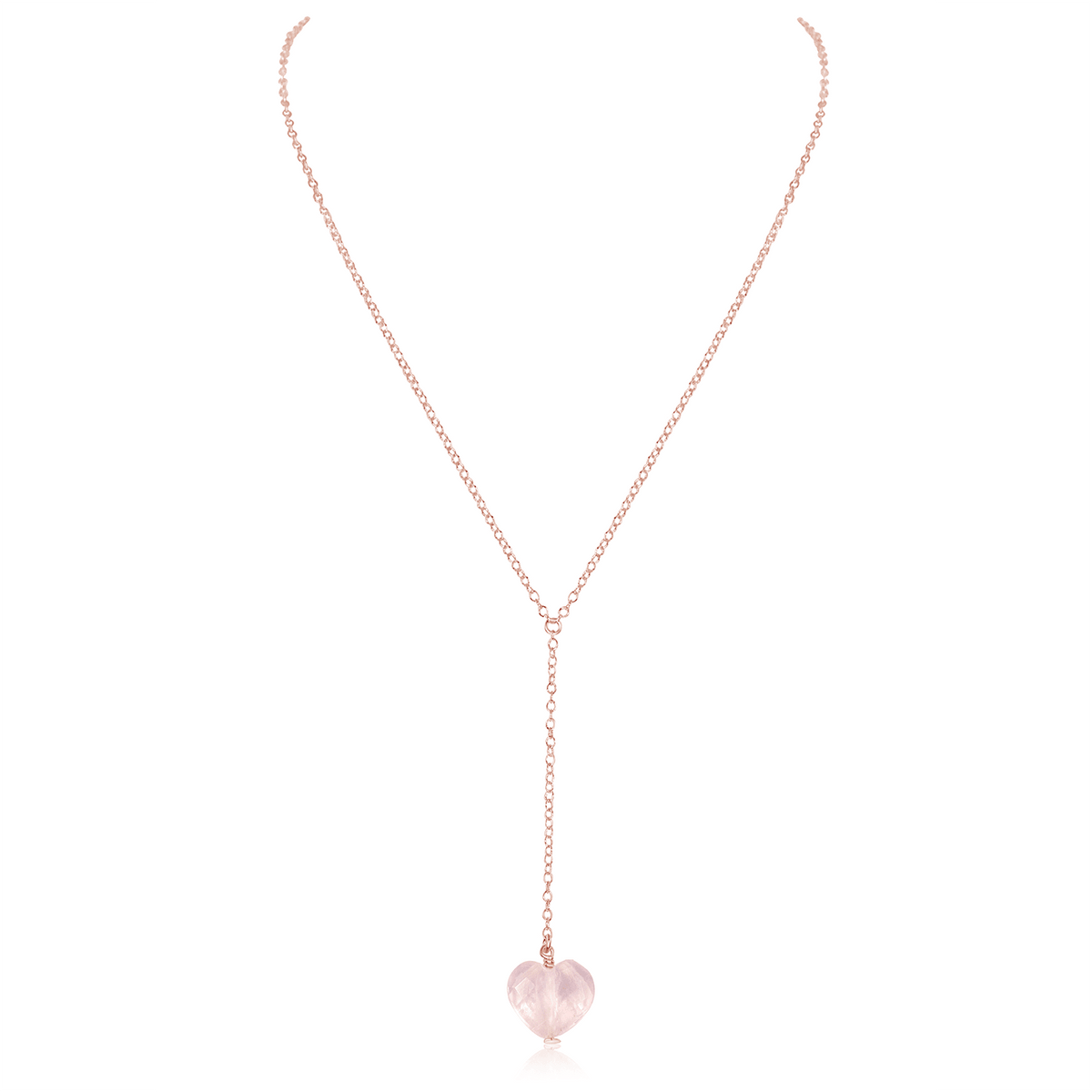 Rose Quartz Crystal Heart Lariat Necklace - Rose Quartz Crystal Heart Lariat Necklace - 14k Rose Gold Fill - Luna Tide Handmade Crystal Jewellery