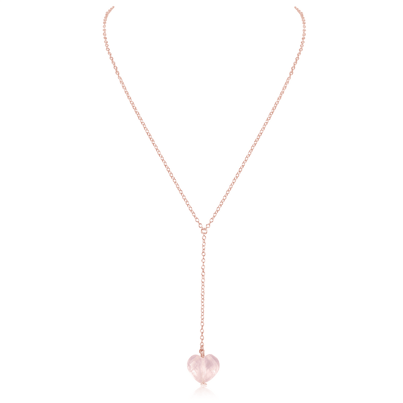 Rose Quartz Crystal Heart Lariat Necklace - Rose Quartz Crystal Heart Lariat Necklace - 14k Rose Gold Fill - Luna Tide Handmade Crystal Jewellery
