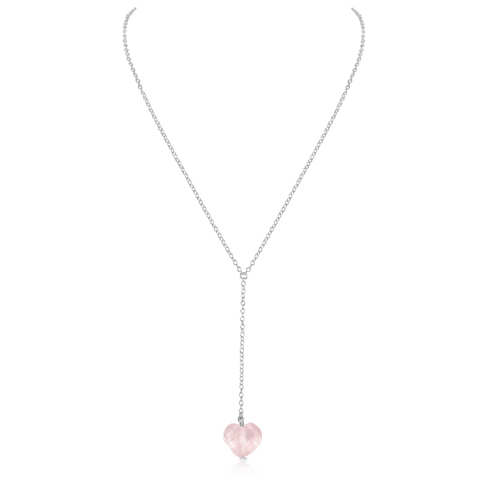 Rose Quartz Crystal Heart Lariat Necklace - Rose Quartz Crystal Heart Lariat Necklace - Sterling Silver - Luna Tide Handmade Crystal Jewellery