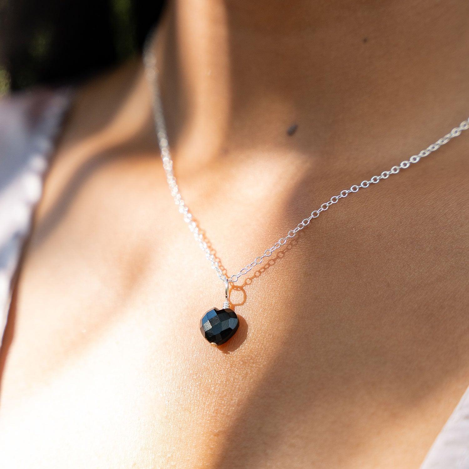 Black Onyx Crystal Heart Pendant Necklace - Black Onyx Crystal Heart Pendant Necklace - Sterling Silver / Cable - Luna Tide Handmade Crystal Jewellery