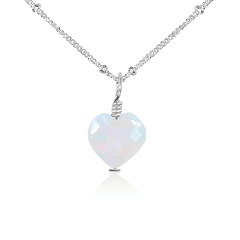 Rainbow Moonstone Crystal Heart Pendant Necklace - Rainbow Moonstone Crystal Heart Pendant Necklace - Sterling Silver / Satellite - Luna Tide Handmade Crystal Jewellery