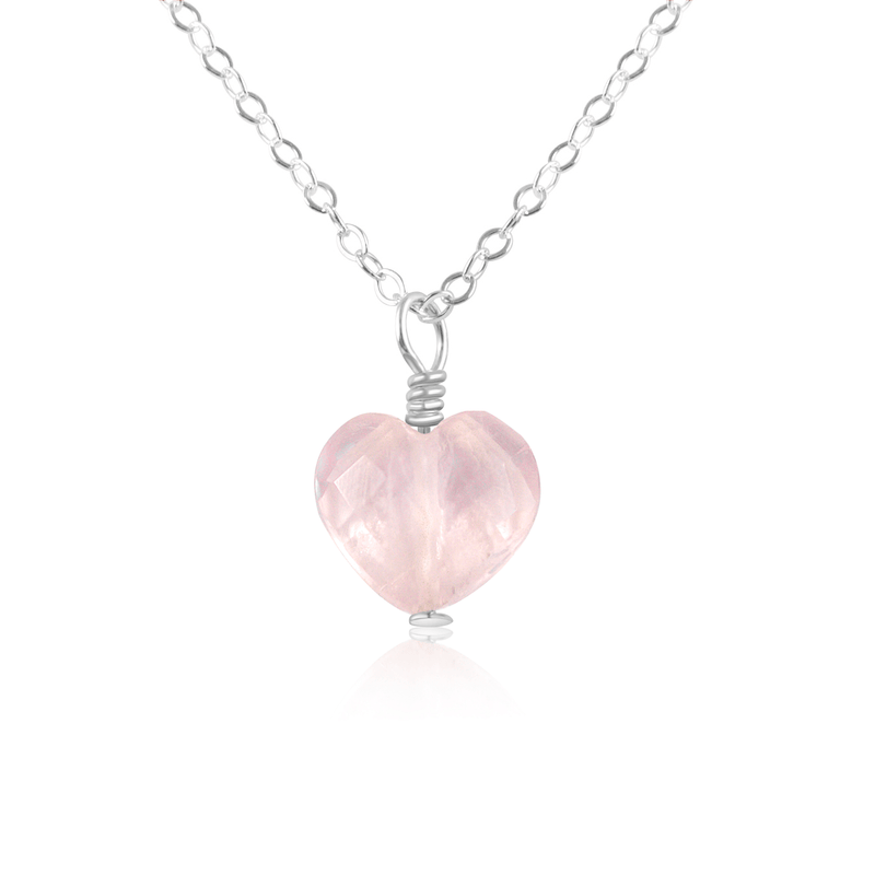 Rose Quartz Crystal Heart Pendant Necklace - Rose Quartz Crystal Heart Pendant Necklace - Sterling Silver / Cable - Luna Tide Handmade Crystal Jewellery