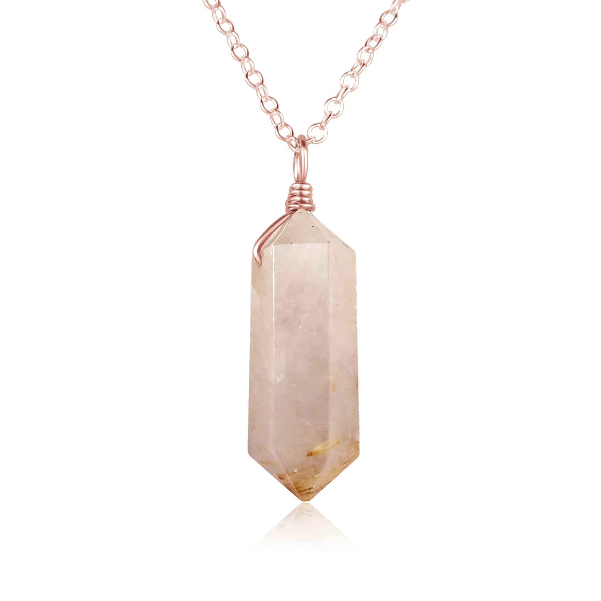 Large Double Terminated Golden Rutilated Quartz Crystal Pendant Necklace