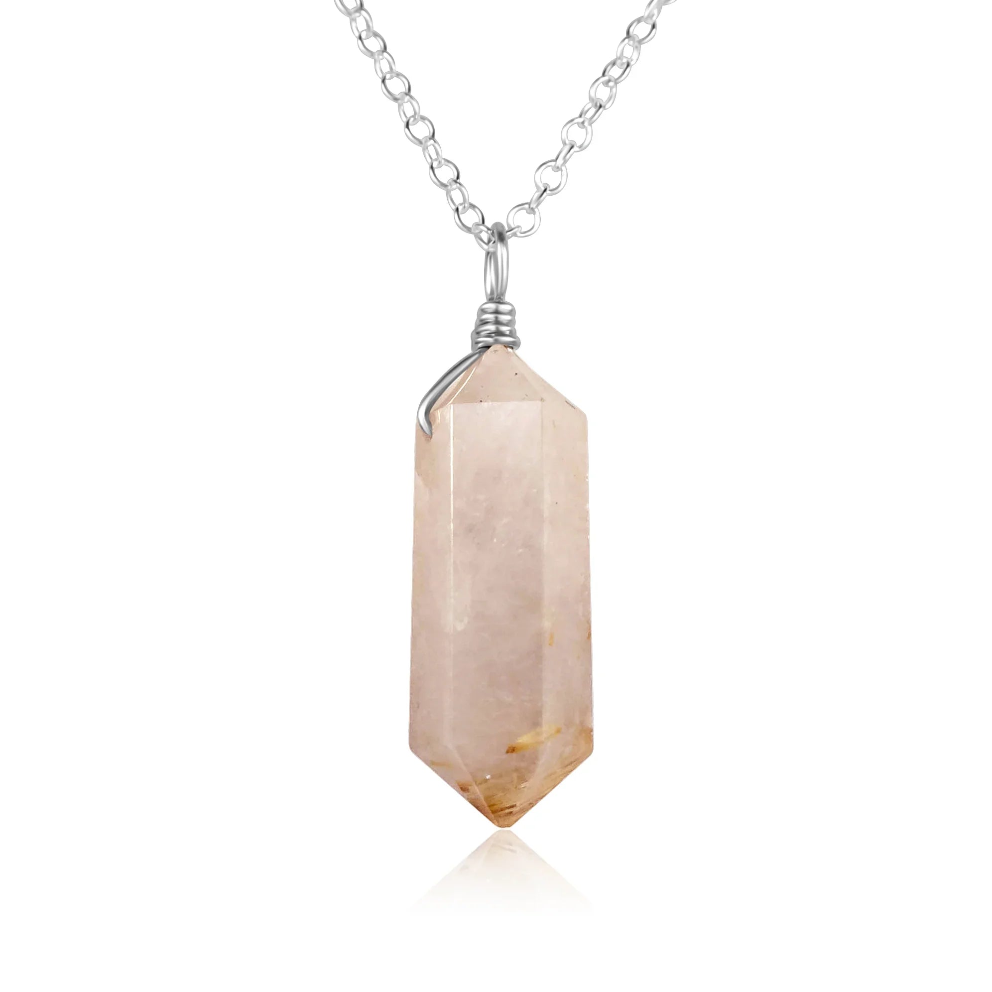 Large Double Terminated Golden Rutilated Quartz Crystal Pendant Necklace