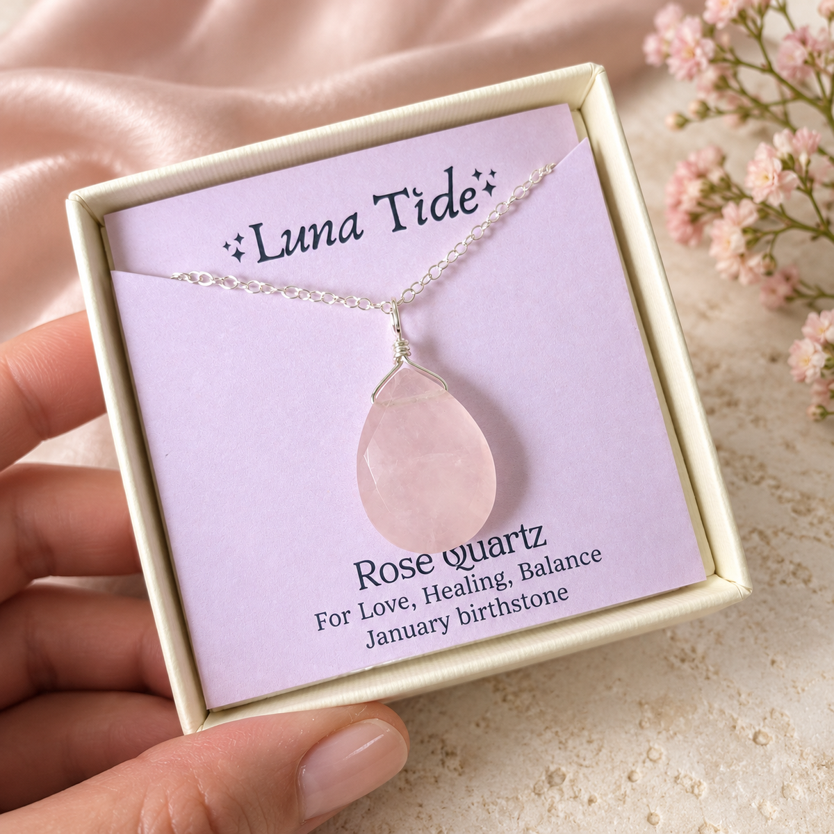Large Rose Quartz Faceted Teardrop Crystal Pendant Necklace