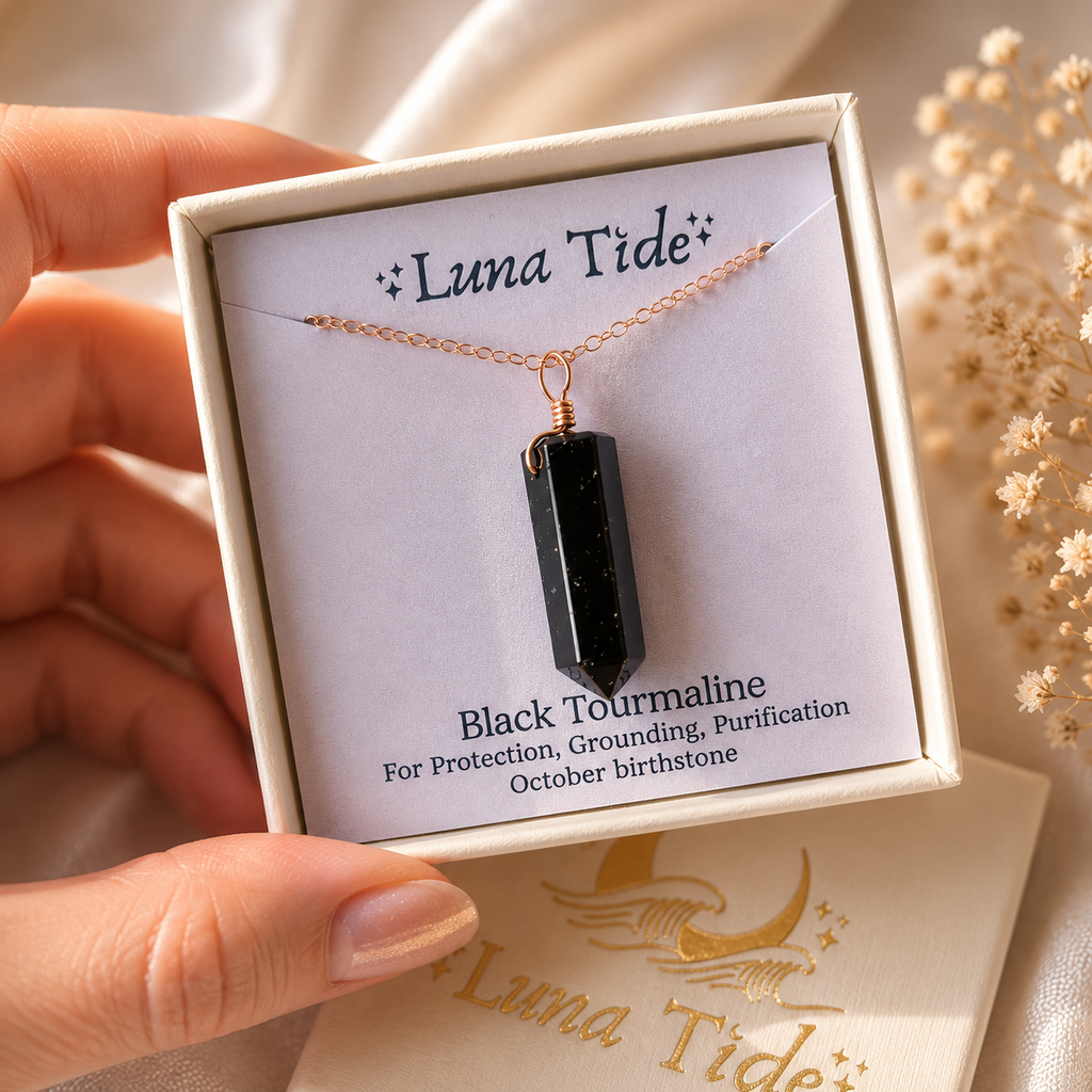 Black Tourmaline Crystal Generator Point Pendant Necklace