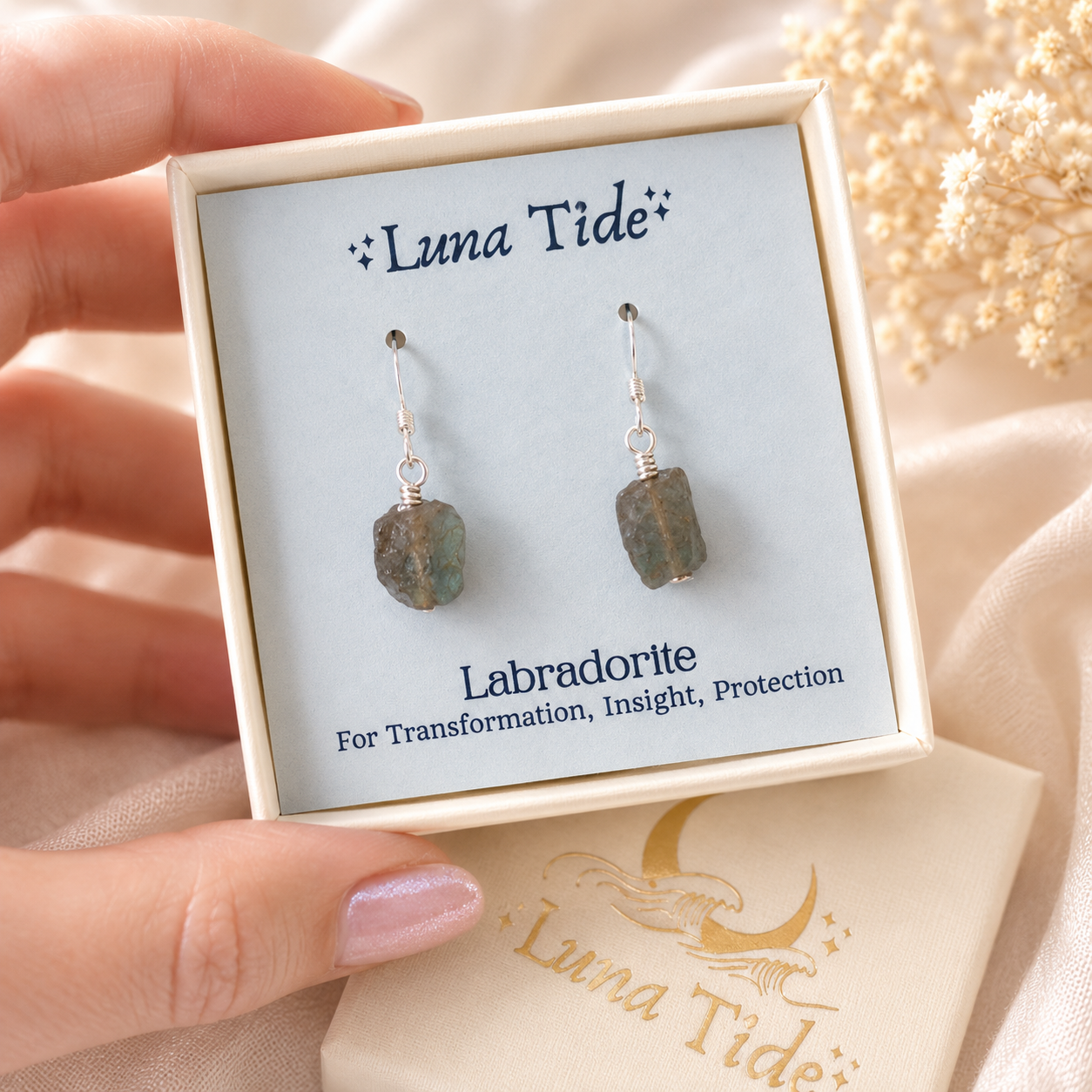 Raw Grey Labradorite Crystal Dangle Drop Earrings